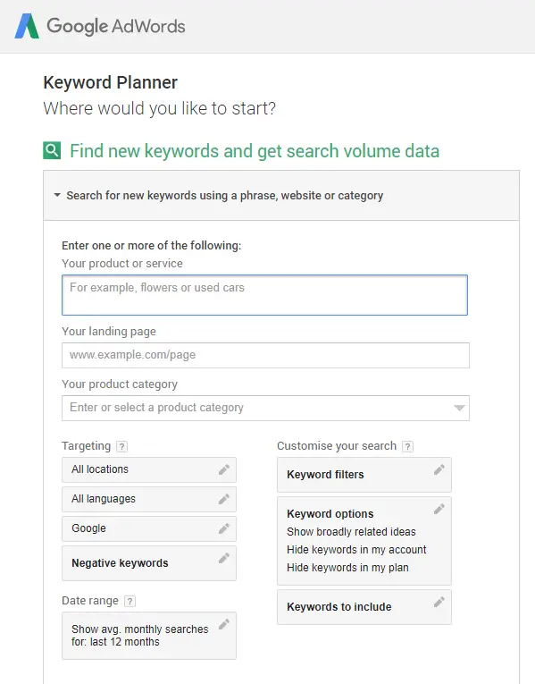 Google Adsense keyword planner tool, search box