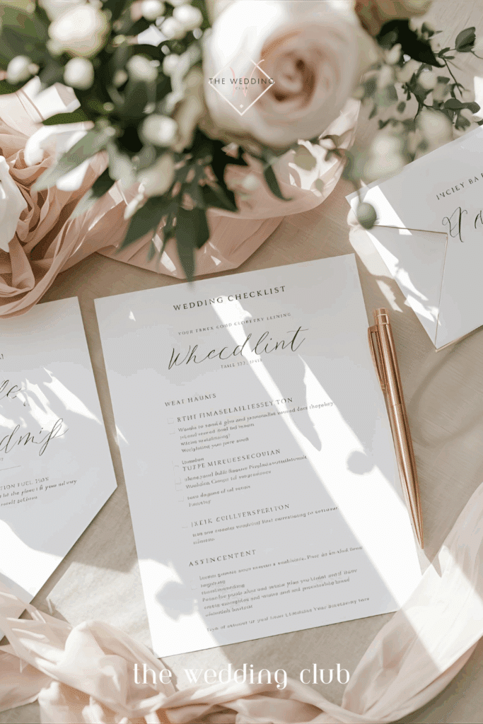 Wedding checklist flat lay with gold pen and blush fabric, styled with roses — bridal planning essentials.