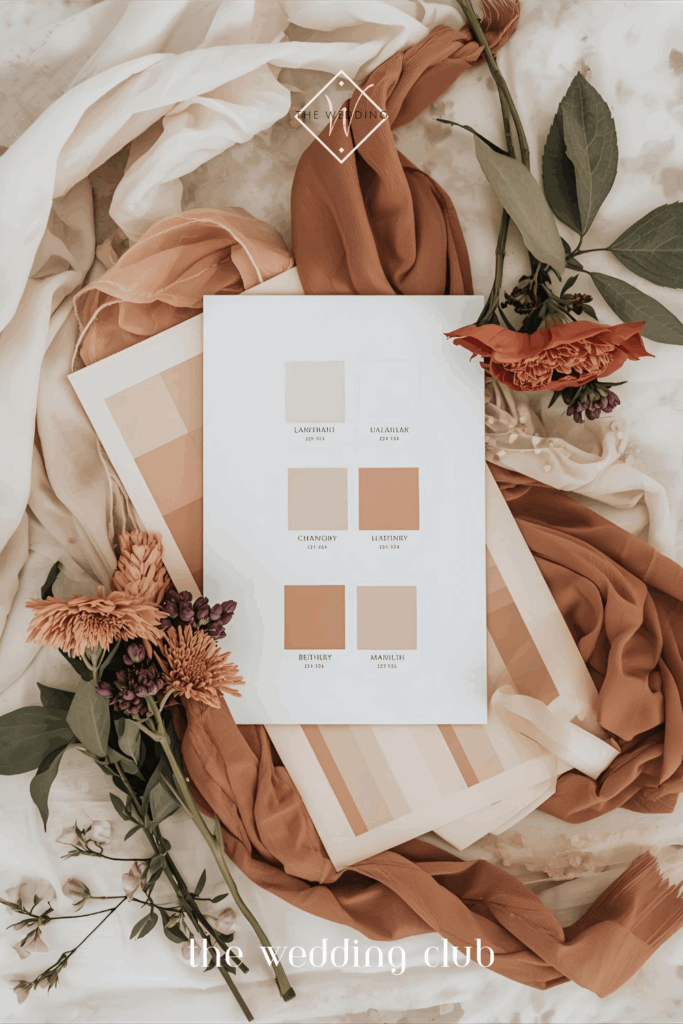 Wedding color palette swatches with terracotta and neutral tones, styled with flowers — wedding styling inspiration.