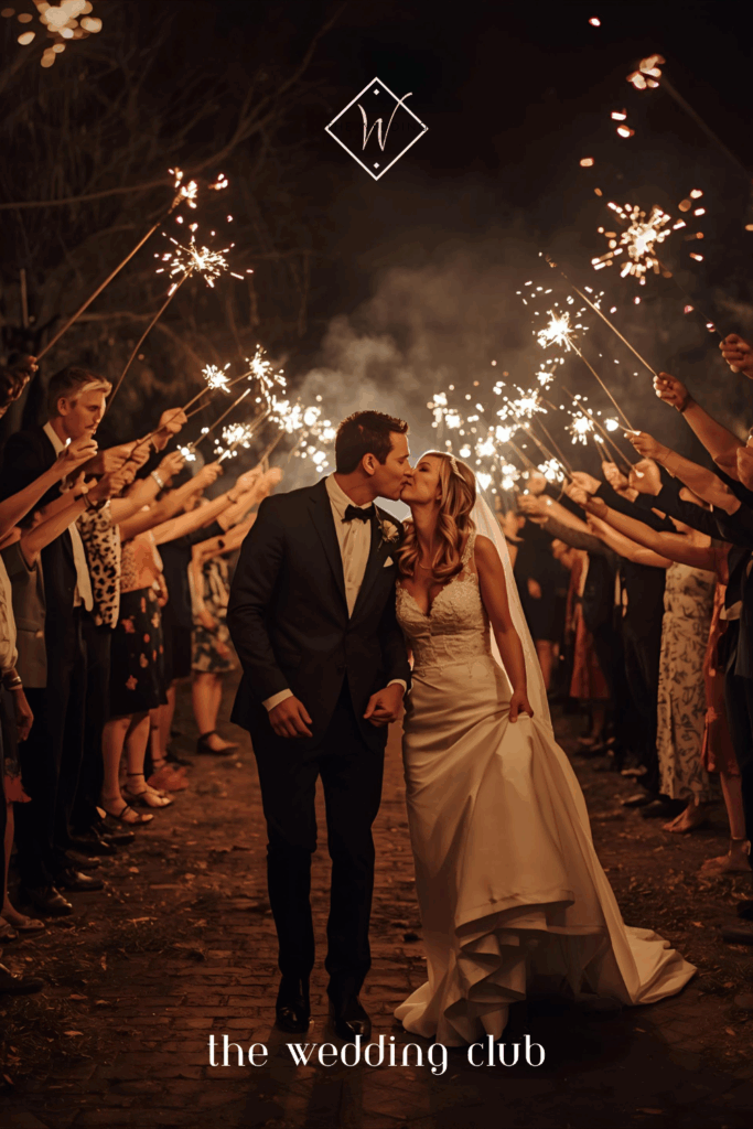 Bride and groom wedding send-off with sparklers at night — romantic wedding exit celebration.