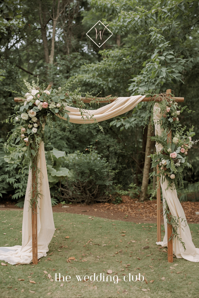 Whimsical outdoor wedding arch with draped fabric, roses, and greenery — romantic ceremony styling ideas.