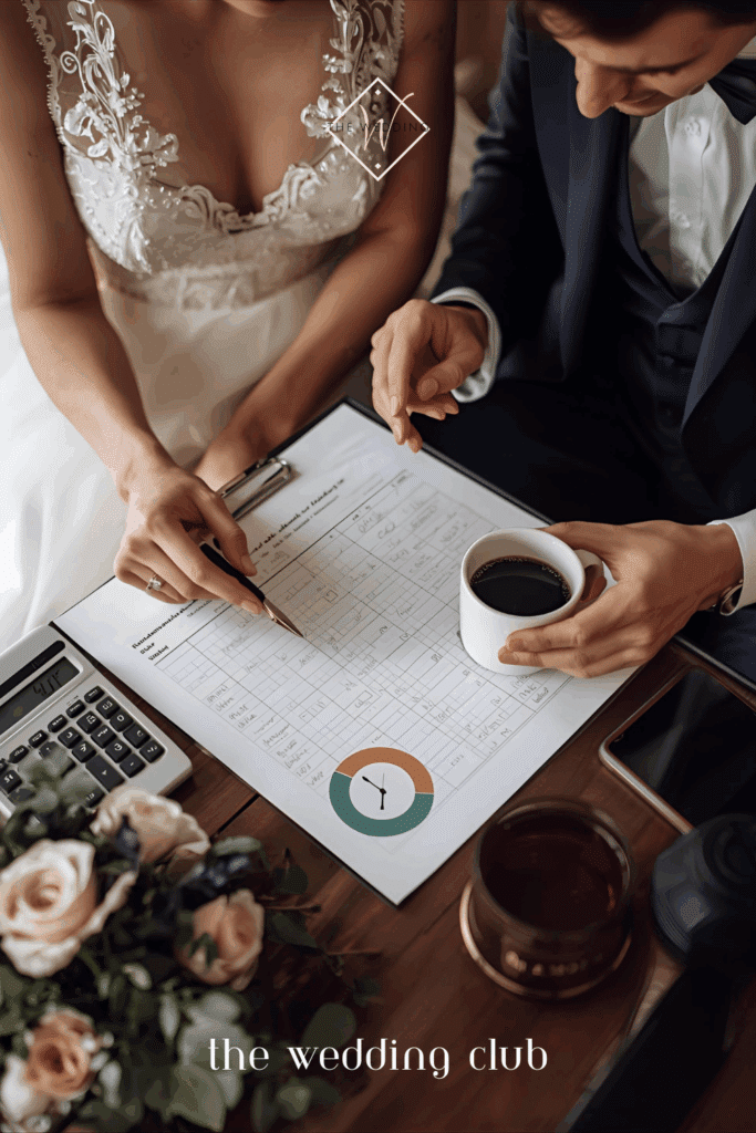 Bride and groom reviewing wedding budget with coffee and calculator — wedding planning finances checklist.