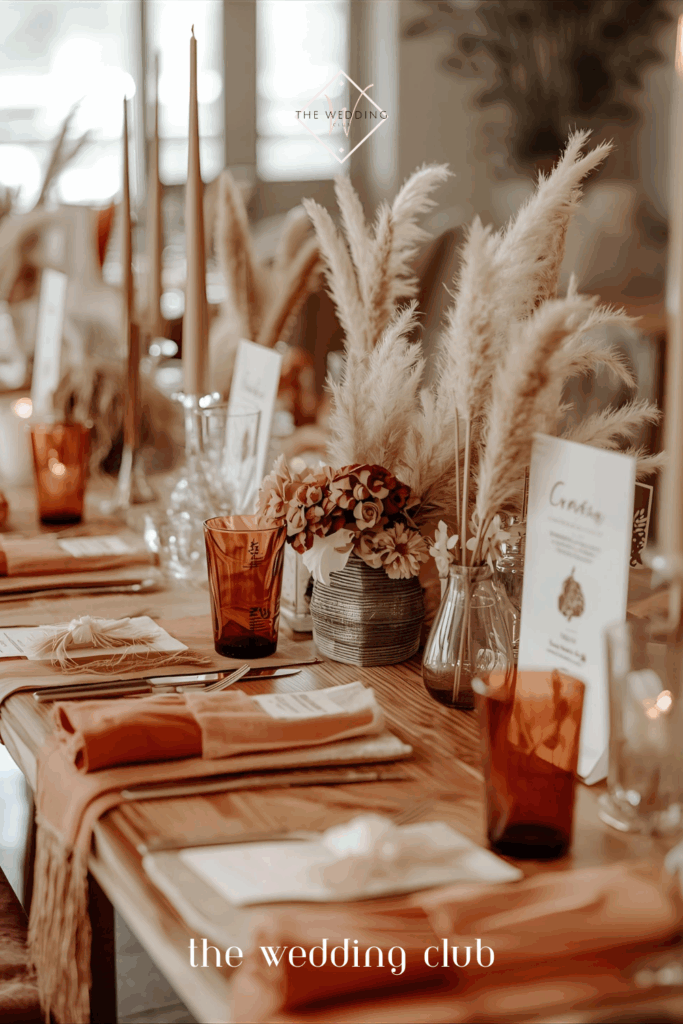 Boho chic wedding reception table with pampas grass centerpieces, amber glassware, and rustic wedding décor ideas.