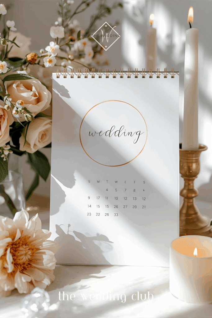 Wedding calendar with candles and flowers — planning wedding date and timeline organization.