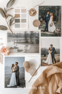Wedding moodboard with neutral color palette and couple photos — inspiration for styling your wedding.