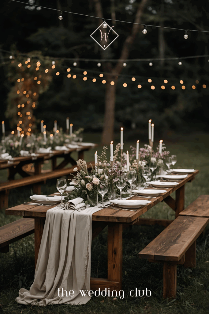 Rustic outdoor wedding table with greenery, candles, and fairy lights — elegant natural wedding reception décor.