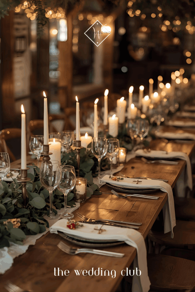 Rustic wedding reception table with candles, greenery, and wine glasses — elegant wedding décor inspiration.