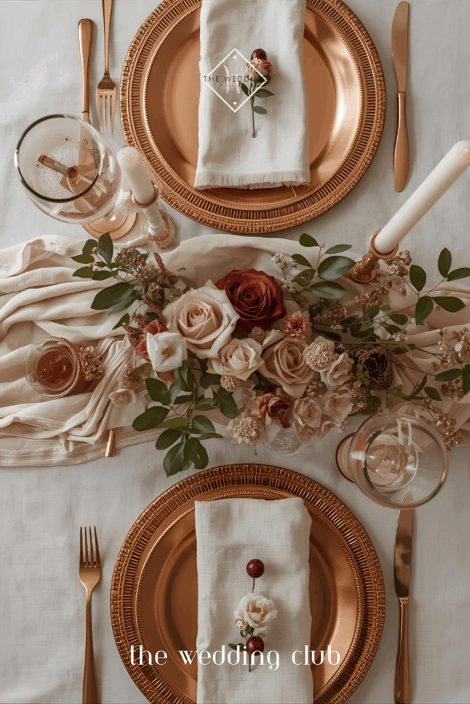 Wedding table styled with metallic gold chargers, candles, and roses — modern wedding décor inspiration.