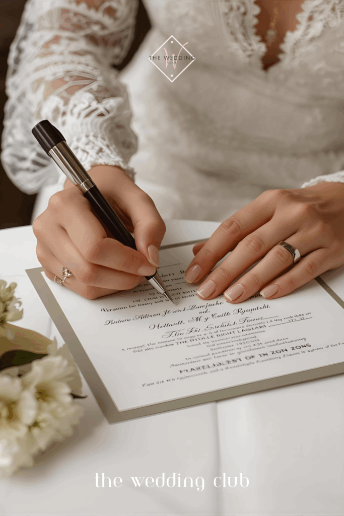 Bride signing marriage license with elegant pen — wedding legal paperwork and ceremony preparation.