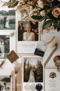 Wedding moodboard with bridal portraits, couple photos, and color swatches — curated wedding styling ideas.