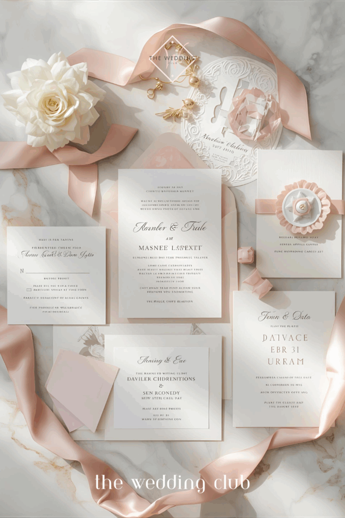Flat lay of wedding invitations and stationery with blush ribbon — wedding invitation design ideas.