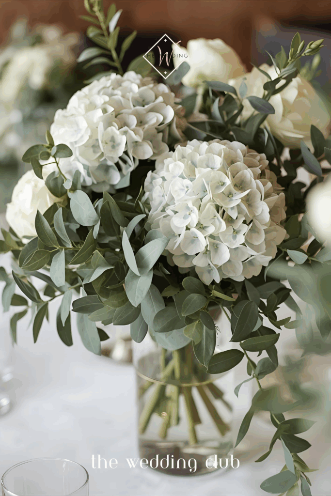Elegant centerpiece of white hydrangeas and greenery in glass vase — classic wedding flower styling.