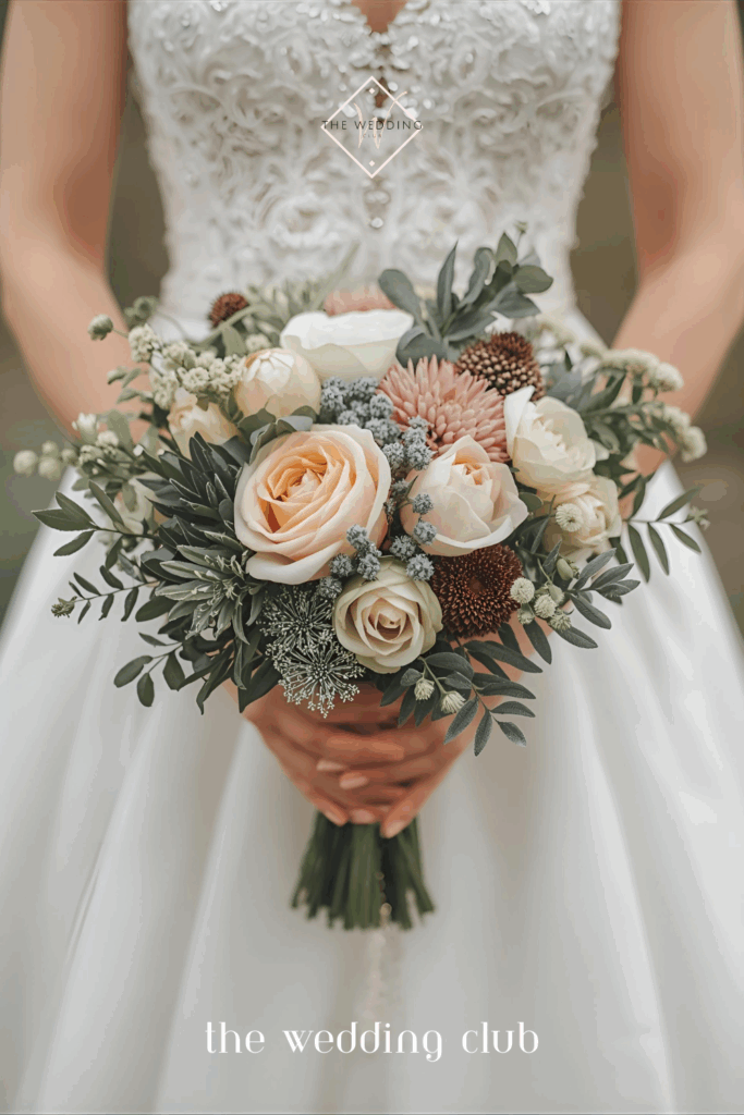 Bride holding pastel bouquet of roses and greenery — seasonal wedding flowers for brides.