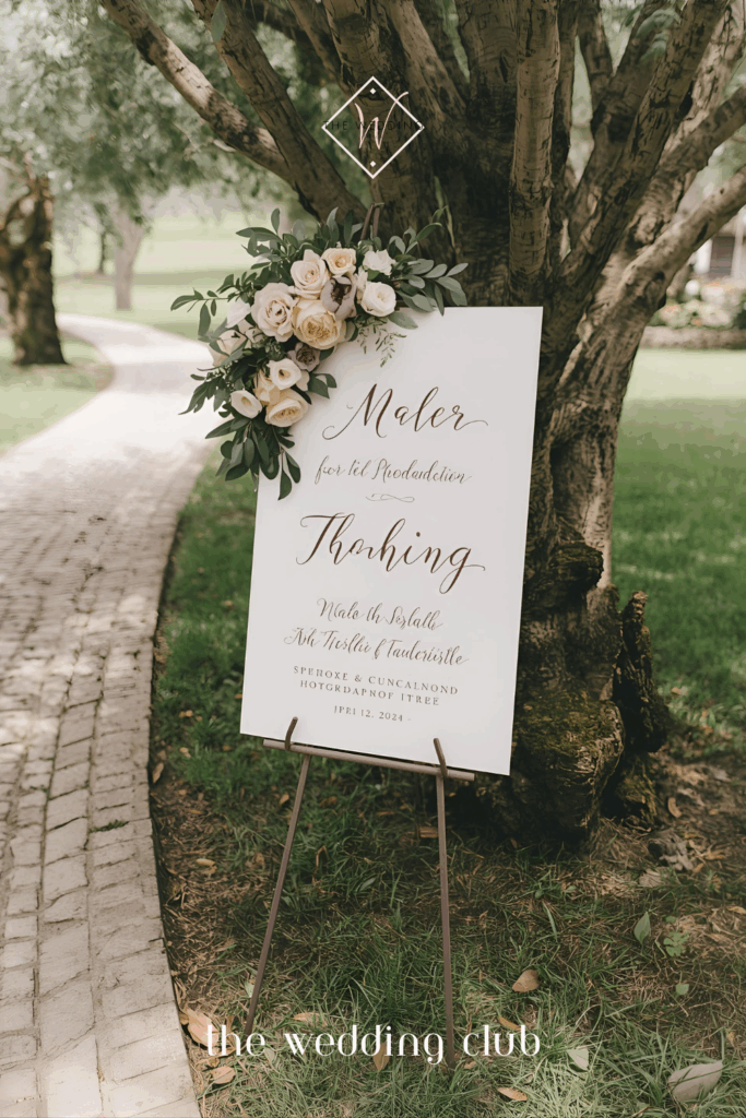 Outdoor wedding welcome sign with calligraphy and floral arrangement — ceremony styling and décor inspiration.