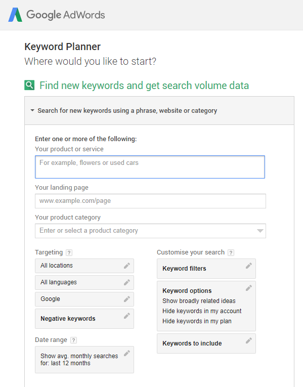 Google Adsense keyword planner tool, search box