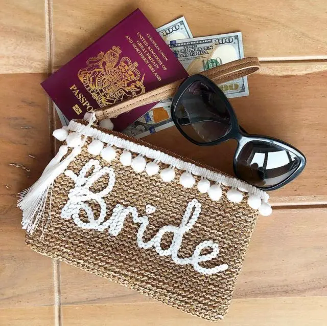 Honeymoon Bride Personalised Luxury Straw Clutch Bag by ShadeOrShine 