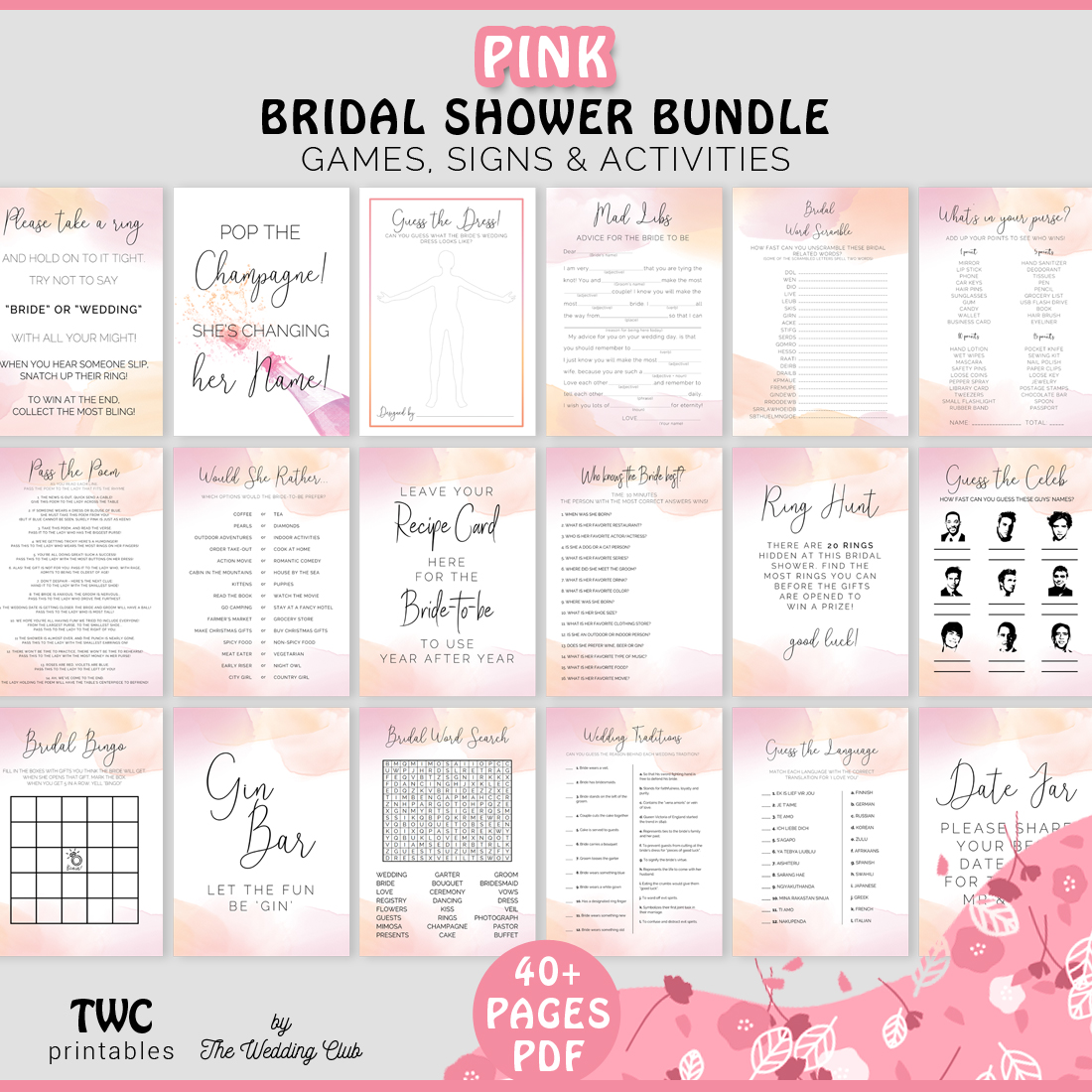 Pink bridal shower bundle - bridal shower games and activities