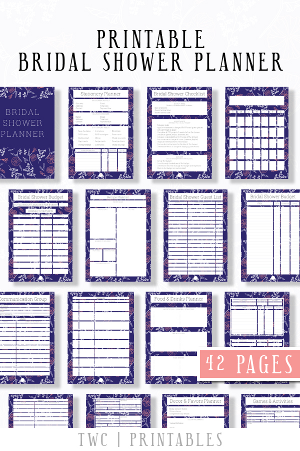 FULL Bridal Shower Planner in dark blue design - 42 printable sheets for your bridal shower binder! Plan the perfect bridal shower from A-Z with this complete printable bridal shower planner. Add it to your wedding binder, or hand it to your maid of honor and bridesmaids to help them plan ahead!