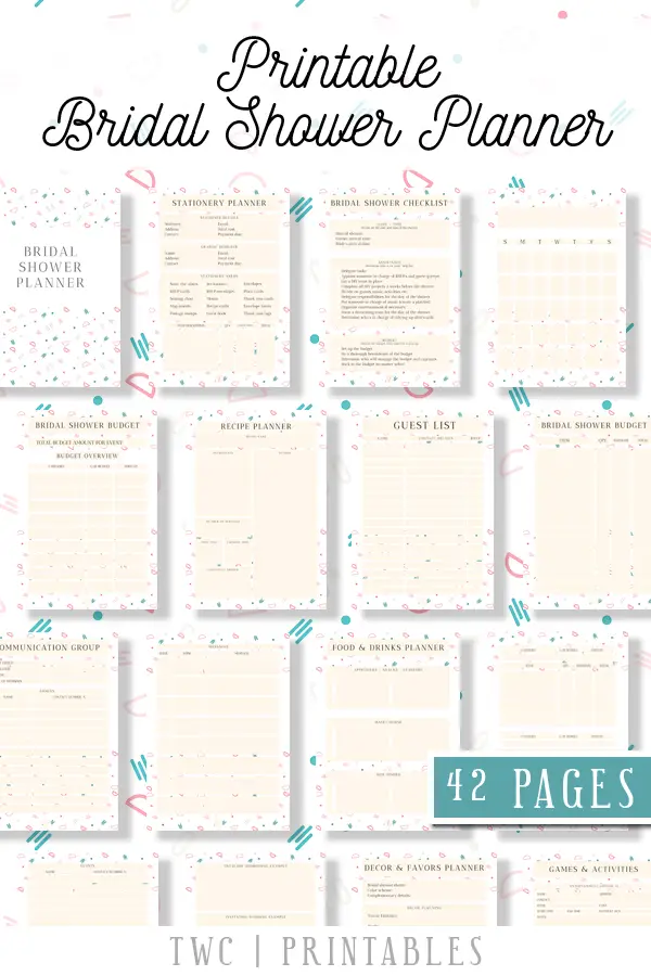 FULL Bridal Shower Planner in a cute confetti design - 42 printable sheets for your bridal shower binder! Plan the perfect bridal shower from A-Z with this complete printable bridal shower planner. Add it to your wedding binder, or hand it to your maid of honor and bridesmaids to help them plan ahead!