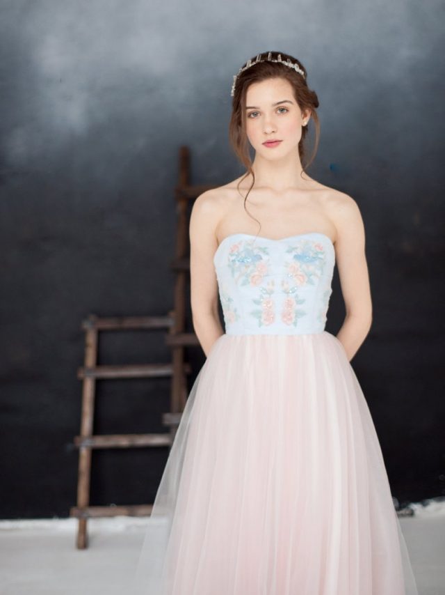 Romantic blue and pink wedding dress by MilamiraBridal 