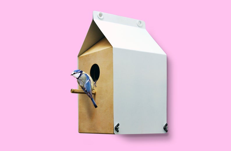 Milk Carton inspired Nestbox / Birdhouse - Recycled birch ply with recycled steel