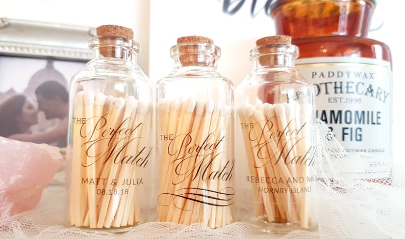 White Tip Matches in Glass Jar with Striker / The Perfect Match / Personalized Wedding Favors / Match Made in Heaven / Wedding Decor