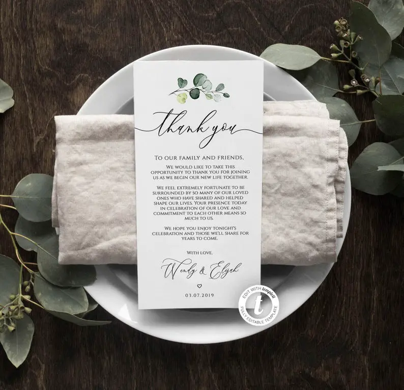 Wedding Thank You Note Template, Rustic, Greenery, Eucalyptus, Wedding Place Setting Thank You, Table Card, Editable, Instant Download, BD44