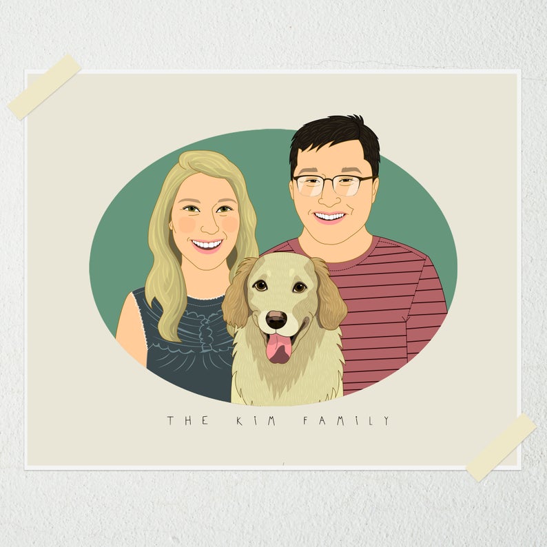 Personalized couple's portrait with pet. Custom couple illustration. Gift for couples. Wedding, anniversary gift for her/him.