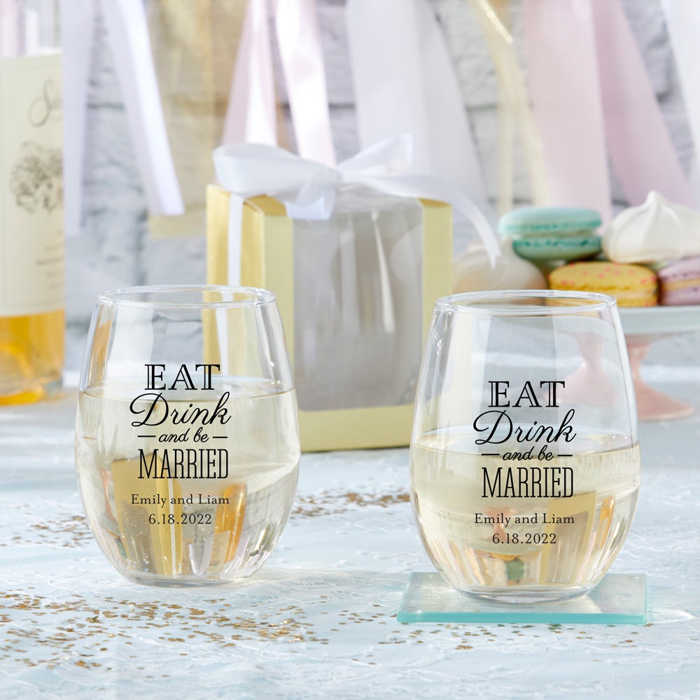 Personalized Wedding 9 oz. Stemless Wine Glass from My Wedding Favors