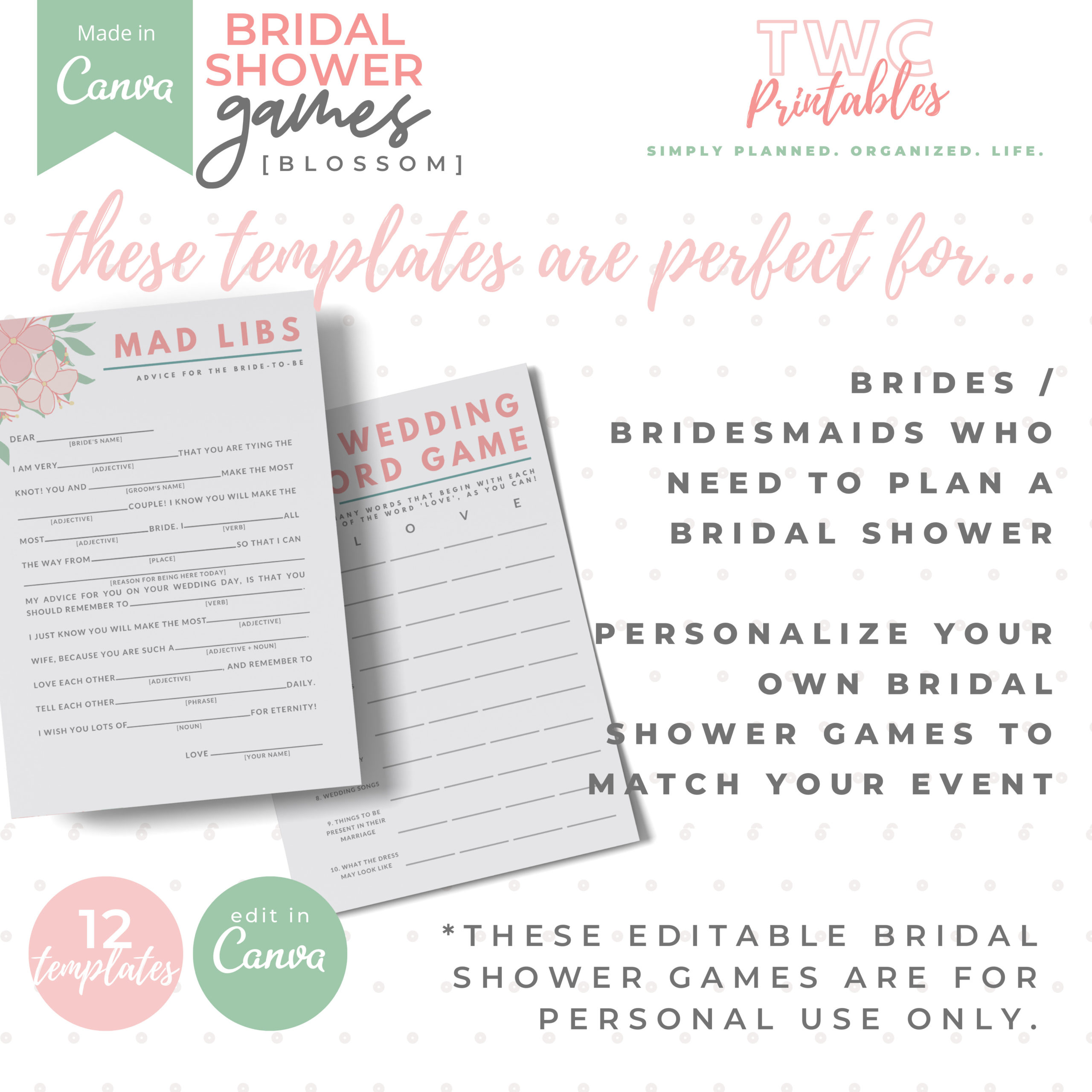 Editable Bridal Shower Games for Canva
