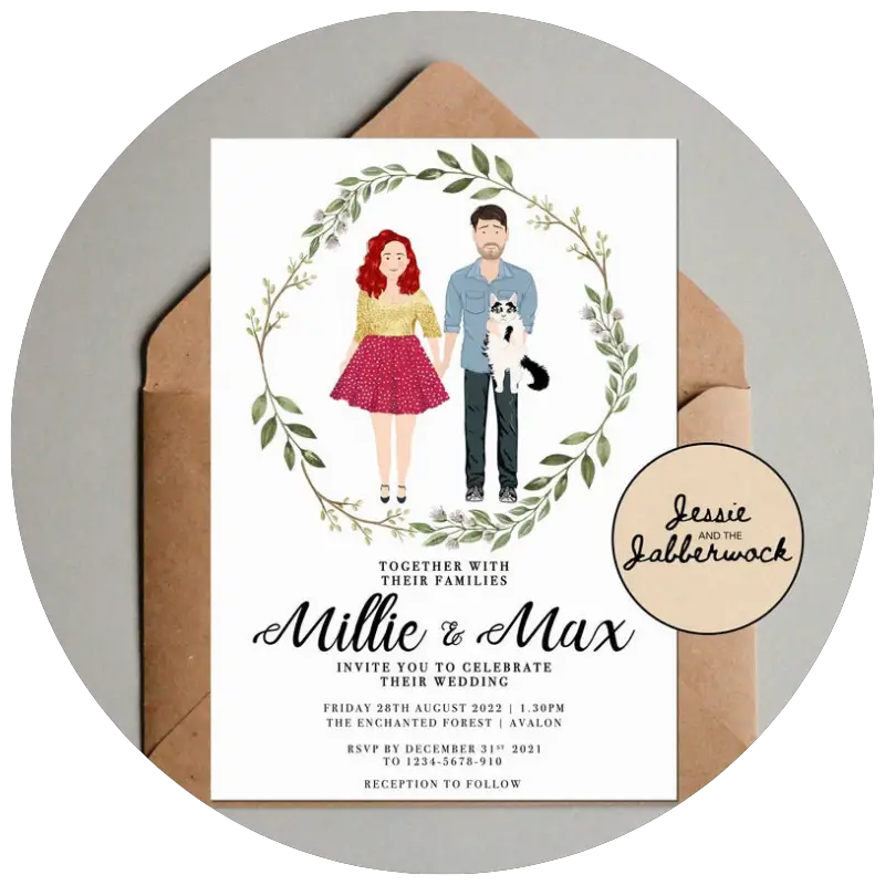 Personalised Couple and pet Illustration Wedding Invites by JessieAndJabberwock | 23+ Ways to include your dog in your wedding - These dog wedding ideas are perfect for the couple who wants to include their favorite pup on their big day!