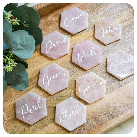 Large Rose quartz HEXAGON place cards by HelloPosh - Simply gorgeous rose quartz wedding things - The Wedding Club