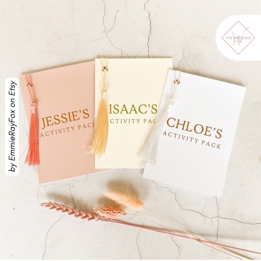 11 - Personalised A6 Activity Pack by EmmieRayFox on Etsy - 43 Things to add to the kiddies table at your wedding - The Wedding Club
