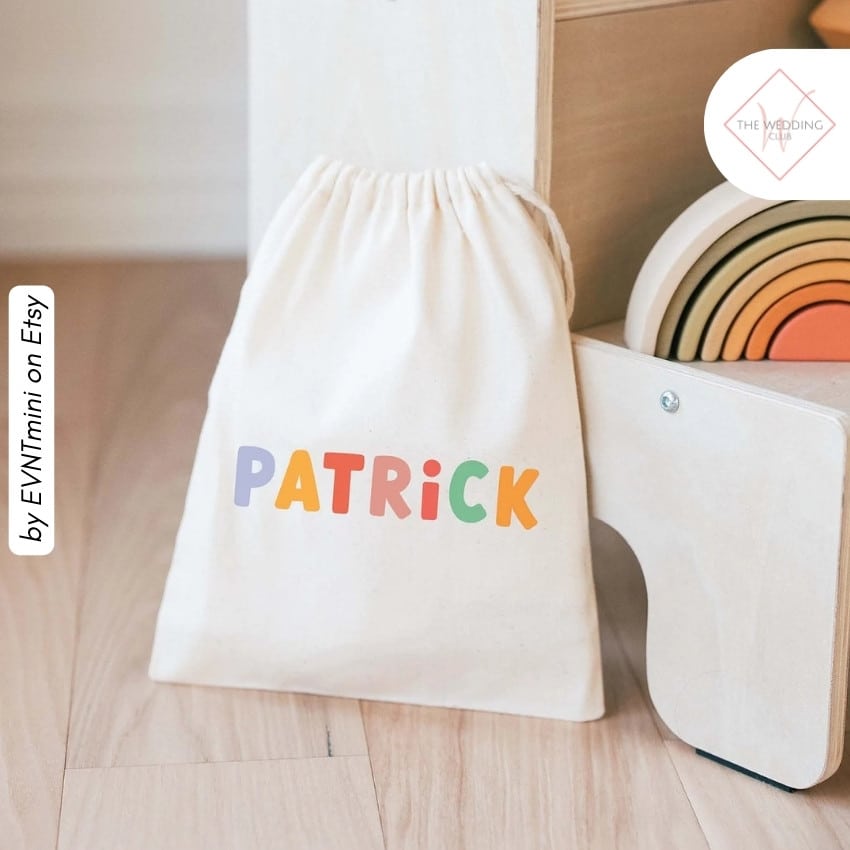 35 - Personalized Goodie Bag by EVNTmini on Etsy - 43 Things to add to the kiddies table at your wedding - The Wedding Club