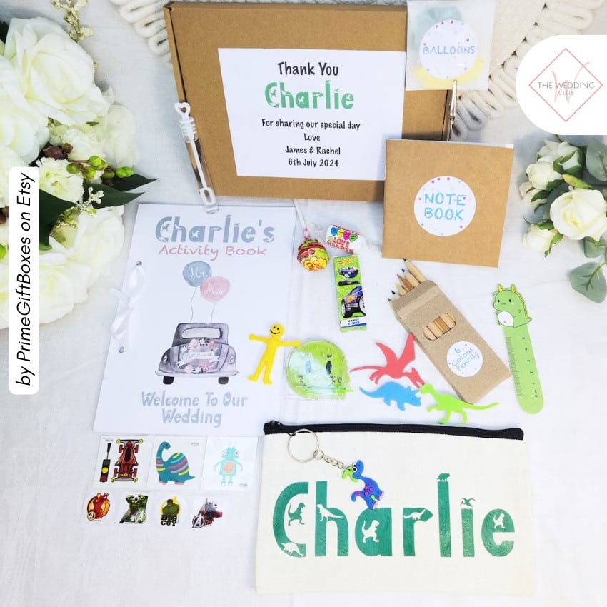 4 - Personalised Kids Wedding Activity Box by PrimeGiftBoxes on Etsy - 43 Things to add to the kiddies table at your wedding - The Wedding Club