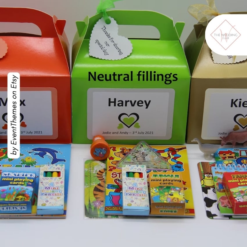9 - Children's personalised wedding boxes by EventThemes on Etsy - 43 Things to add to the kiddies table at your wedding - The Wedding Club