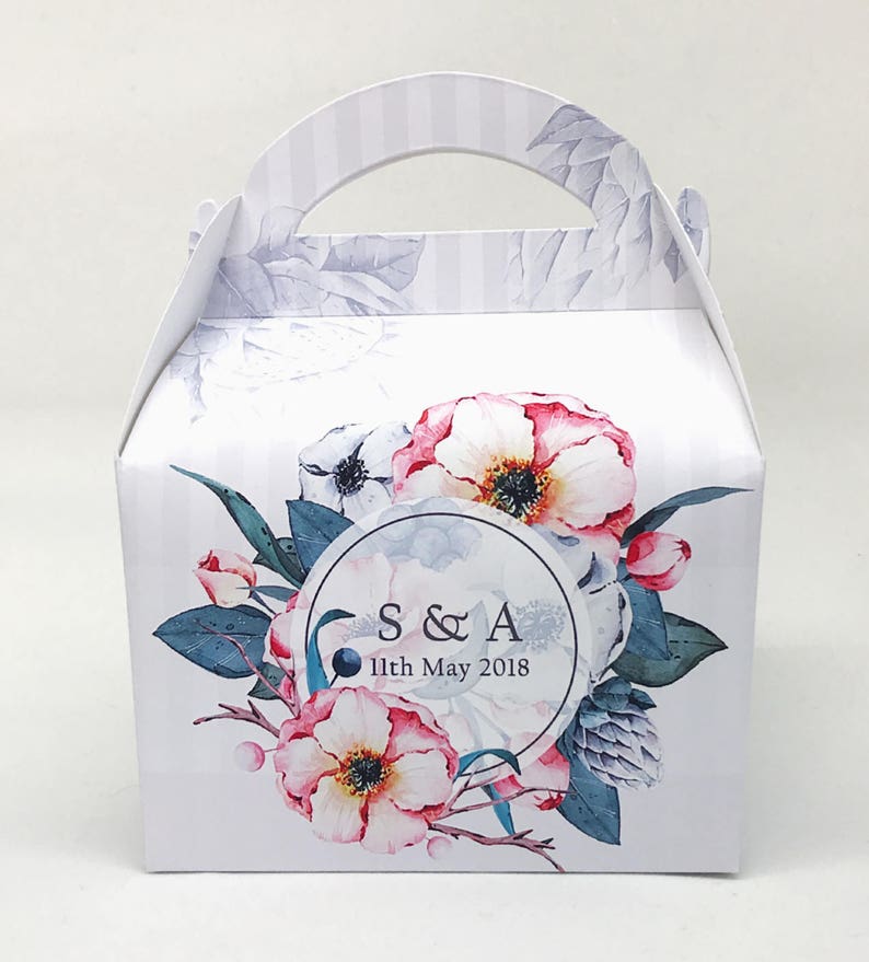 Personalised Grey and Pink Floral Wedding Favour Boxes by ThePartyBoxShop on Etsy - Things to add to the kiddies table at your wedding - The Wedding Club