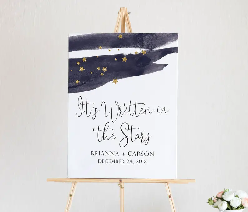 Written in the Stars Wedding Welcome Sign by LittleCreekCreative on Etsy - Sparkly celestial wedding theme ideas - The Wedding Club
