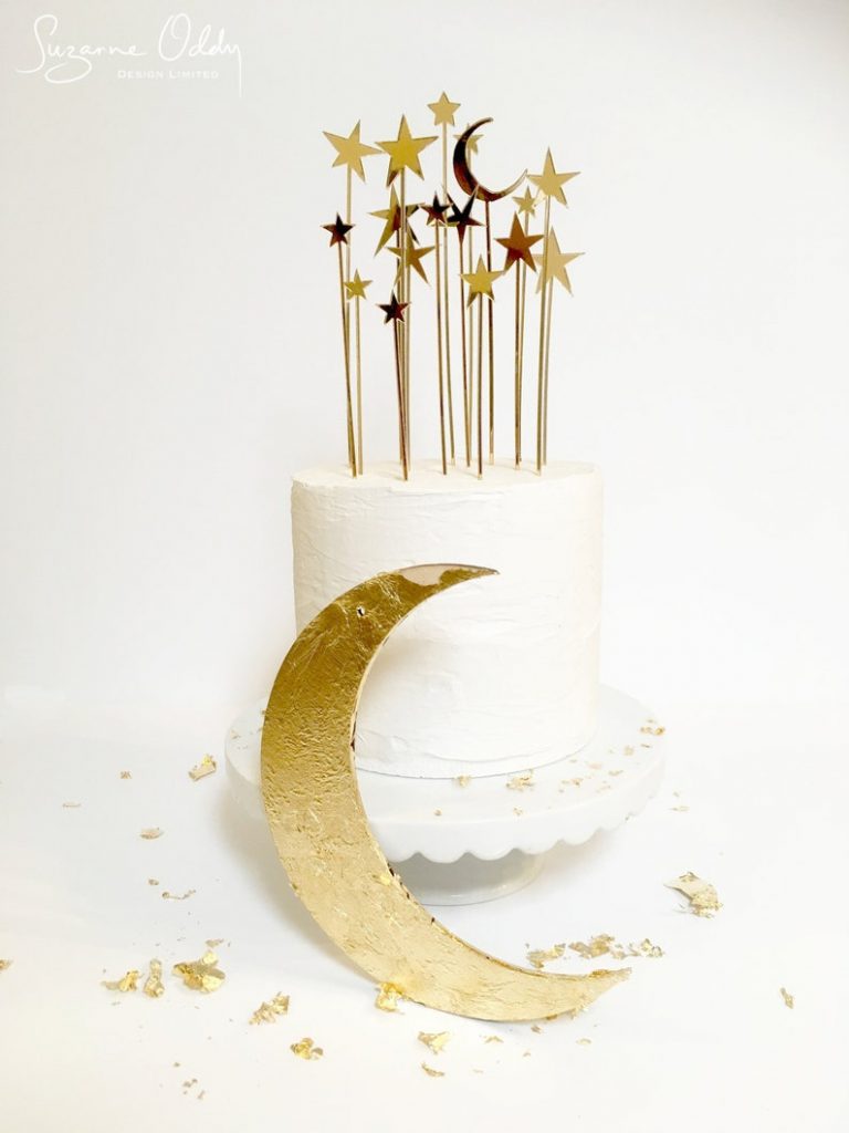 Moon and stars cake topper by SuzanneOddyDesign on Etsy - Sparkly celestial wedding theme ideas - The Wedding Club