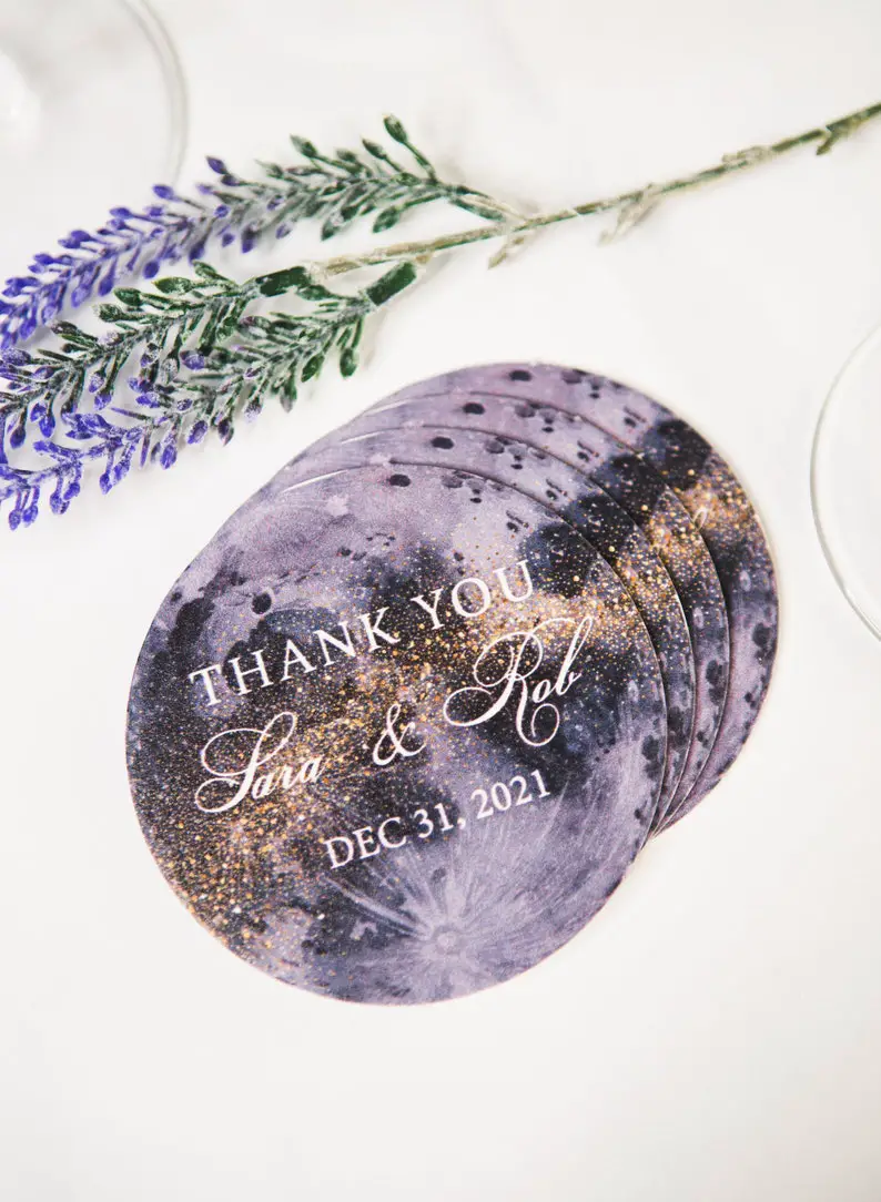 Wedding Favor Coasters by ZCreateDesign on Etsy - Sparkly celestial wedding theme ideas - The Wedding Club