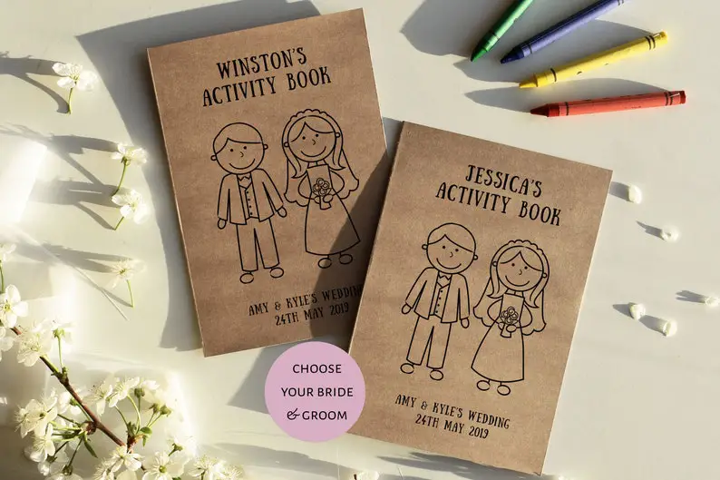 Kraft Wedding Favour Activity Pack Children's Wedding Personalised Activity Book With Crayons by PaperBallards on Etsy - Things to add to the kiddies table at your wedding - The Wedding Club