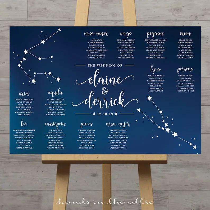 celestial wedding seating chart by HandsInTheAttic on Etsy - Sparkly celestial wedding theme ideas - The Wedding Club