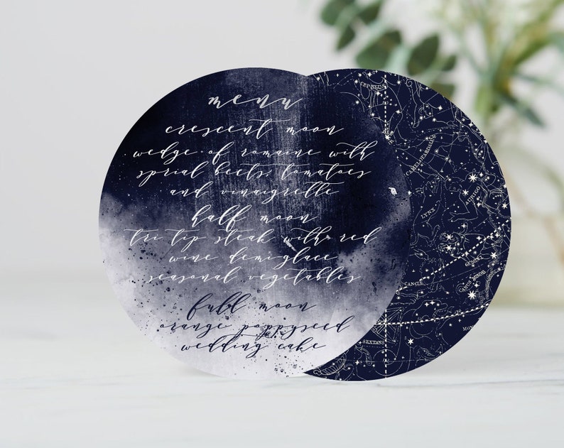 Starry Night Celestial Stars Wedding Menu Template by INVITALIA on Etsy - Sparkly celestial wedding theme ideas - The Wedding Club