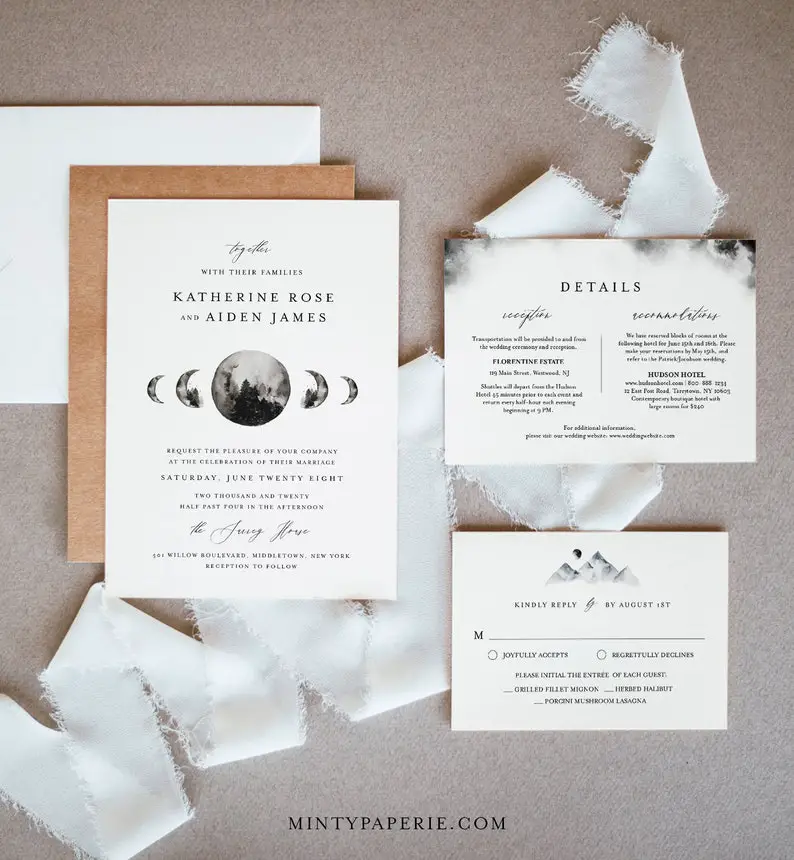 Celestial Wedding Invitation Set by MintyPaperieShop on Etsy - Sparkly celestial wedding theme ideas - The Wedding Club