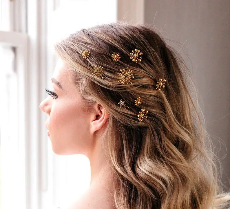 Gold Star Wedding Hair Pins by RachelChaprunne on Etsy - Sparkly celestial wedding theme ideas - The Wedding Club