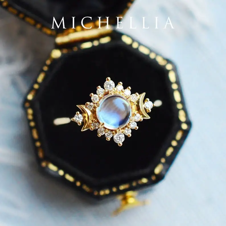Selene Moonstone Engagement Ring by MichelliaFineJewelry on Etsy - Sparkly celestial wedding theme ideas - The Wedding Club