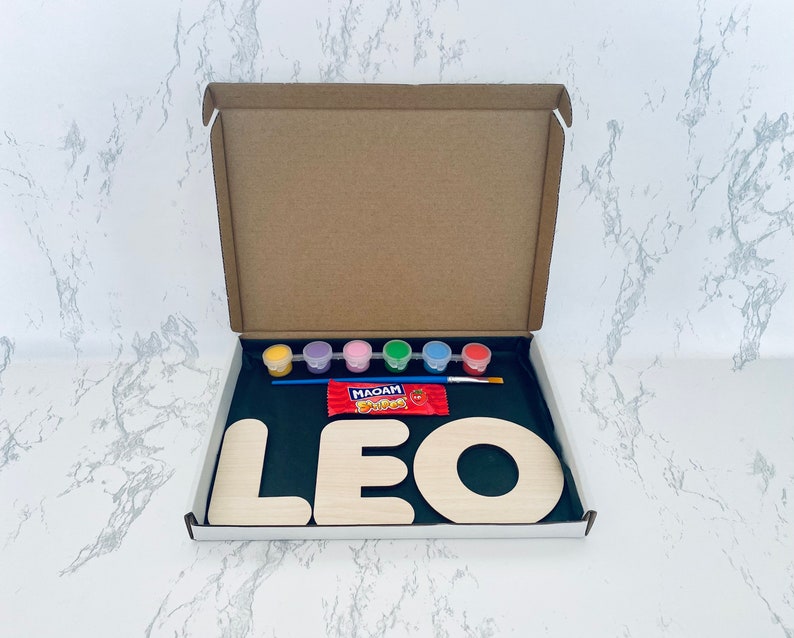 Kids Name Painting Activity Box by LeoIvyCo on Etsy - Things to add to the kiddies table at your wedding - The Wedding Club