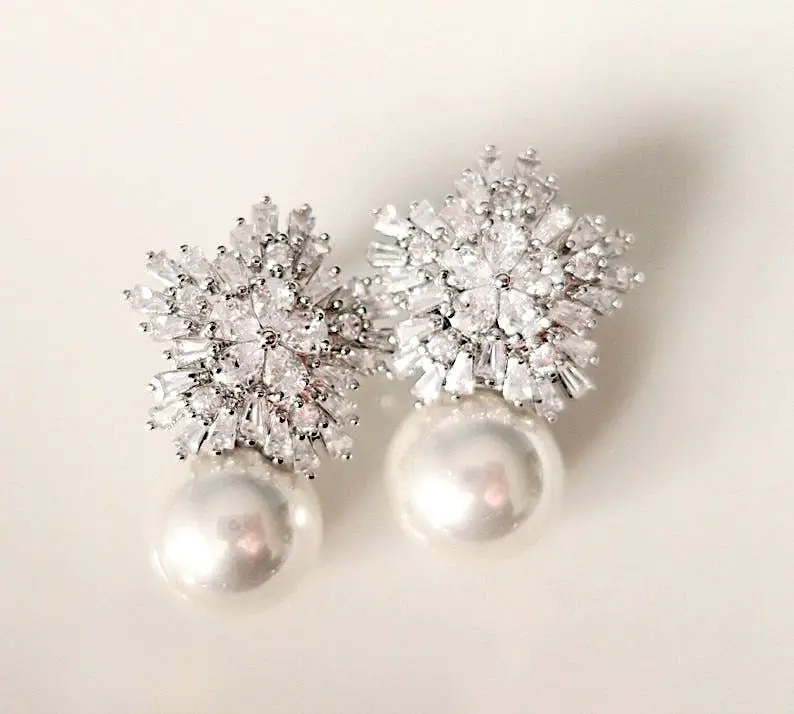 Pearl and Diamond Wedding Earrings by JazzyAndGlitzy on Etsy - Sparkly celestial wedding theme ideas - The Wedding Club
