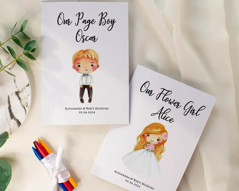 Children's Wedding Personalised Activity Book With Crayons by PaperBallards on Etsy - Things to add to the kiddies table at your wedding - The Wedding Club