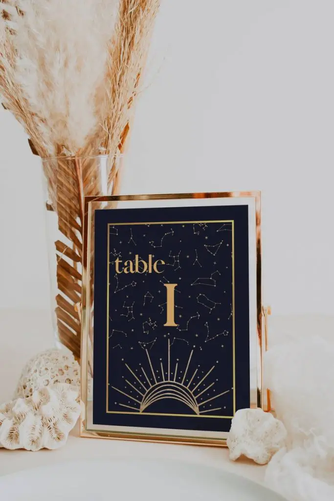 Navy & Gold Celestial Wedding Table Numbers by lacelindsay on Etsy - Sparkly celestial wedding theme ideas - The Wedding Club